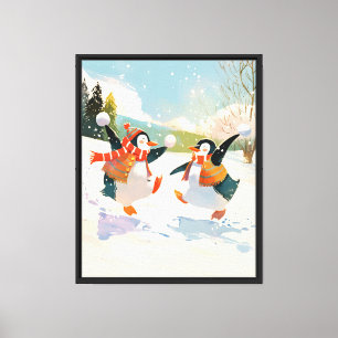 Cute Penguins Playing in Snow Watercolor Nursery Canvas Print