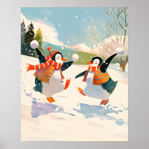 Cute Penguins Playing in Snow Watercolor Nursery Poster