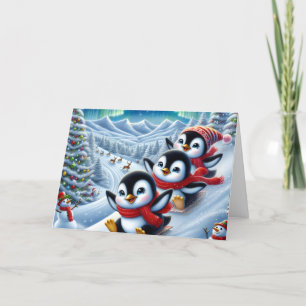 Cute Penguins Sliding down Hill Christmas Holiday Card