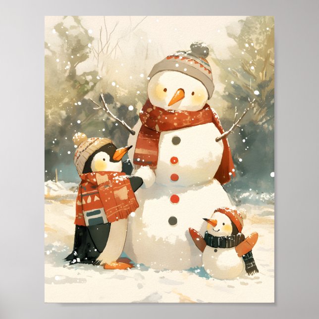 Cute Penguins & Snowman – Cozy Winter Watercolor Poster (Front)