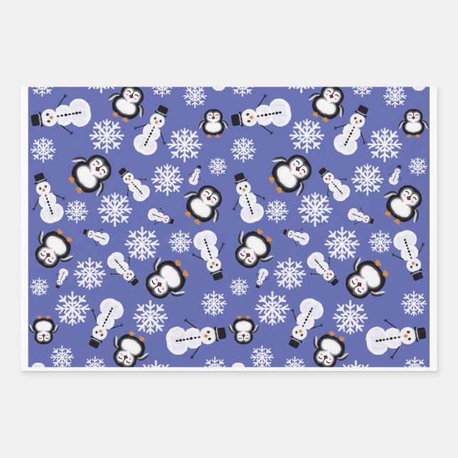 Cute Penguins & Snowmen Winter Pattern Wrapping  Paper Sheet (Front 3)