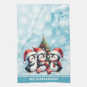 Cute Penguins Snowy Blue Personalised Christmas Tea Towel