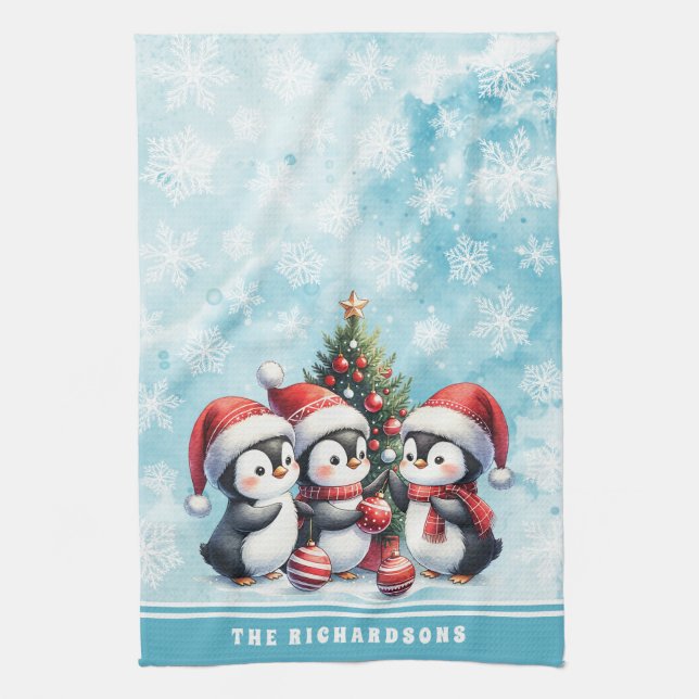 Cute Penguins Snowy Blue Personalised Christmas Tea Towel (Vertical)