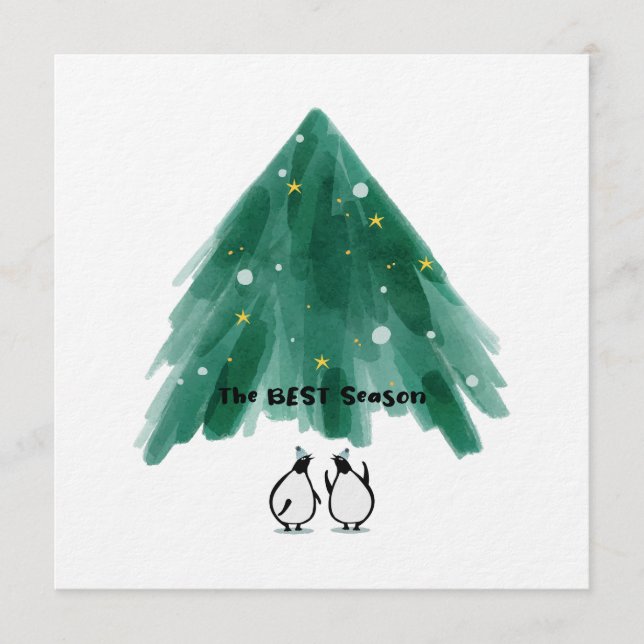 Cute Penguins Under Christmas Tree Invitation (Front)
