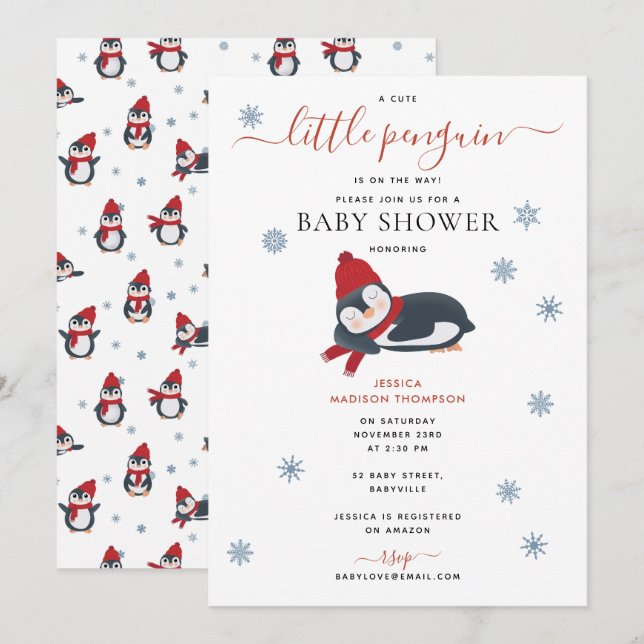 Cute Penguins Winter Baby Shower Invitation (Front/Back)