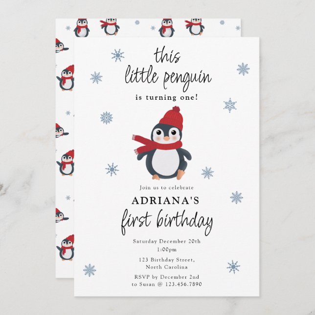 Cute Penguins Winter Birds Arctic Animals Birthday Invitation (Front/Back)