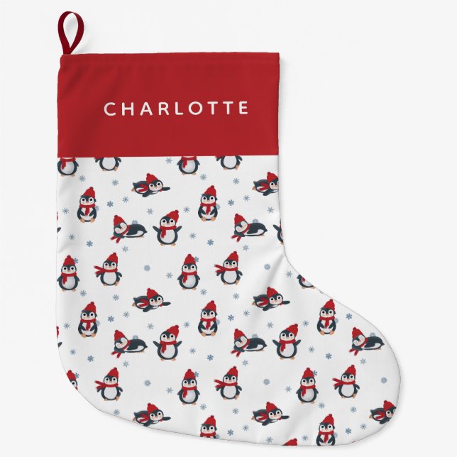 Cute Penguins Winter Birds Arctic Animals Large Christmas Stocking (Front)
