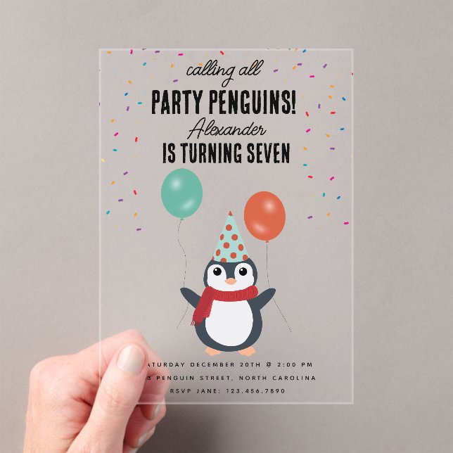 Cute Penguins Winter Birds Kids Birthday Party Acrylic Invitations (Insitu (Handheld))