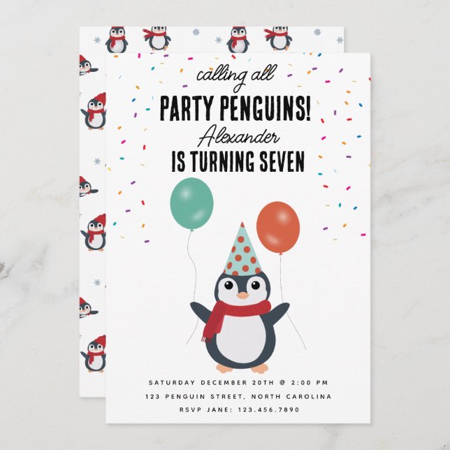 Cute Penguins Winter Birds Kids Birthday Party Invitation (Front/Back)