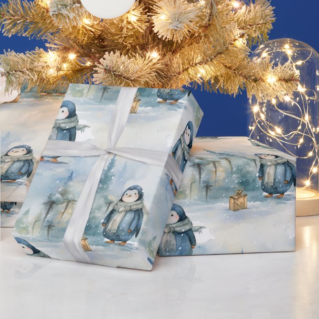 Cute penguins winter design, painted like theme wrapping paper (Holidays)