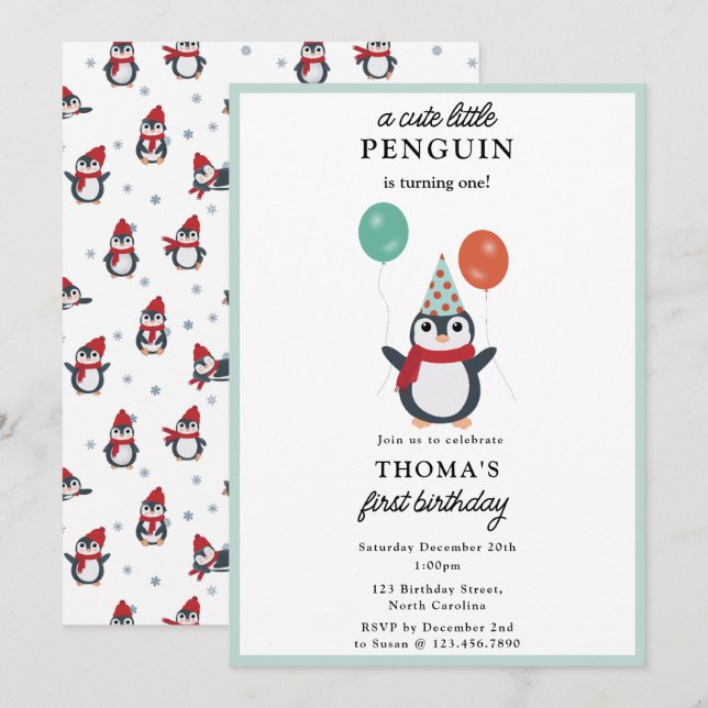 Cute Penguins Winter Kids Boy Animals Birthday Invitation (Front/Back)