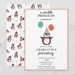 Cute Penguins Winter Kids Girl Animals Birthday Invitation