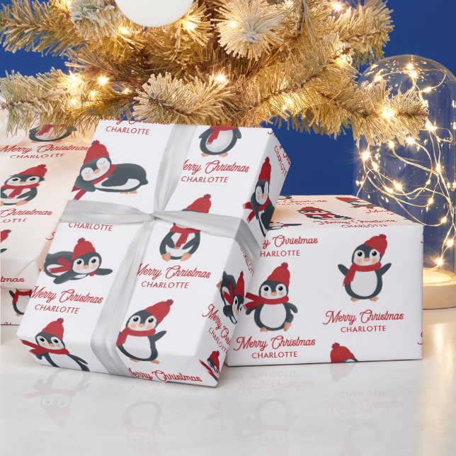 Cute Penguins Winter Merry Christmas Custom Name Wrapping Paper (Holidays)