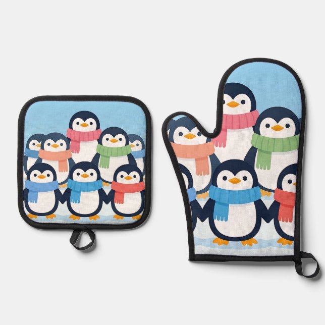 Cute Penguins Winter Scarves Group Hug Oven Mitt & Pot Holder Set (Front)