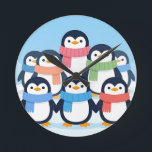 Cute Penguins Winter Scarves Group Hug Round Clock<br><div class="desc">Adorable gang of cheerful cartoon penguins wrapped in colorful cozy scarves,  huddling together on a snowy blue background. Sweet,  heartwarming and playful,  this charming winter scene radiates joy and friendship.</div>