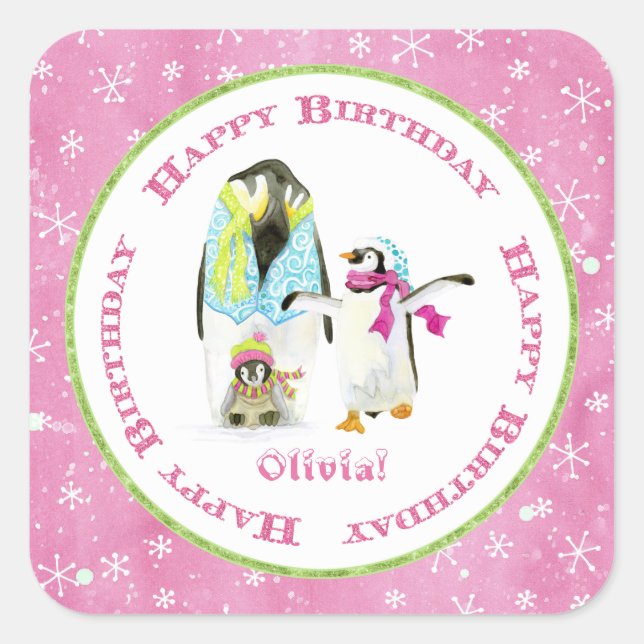 Cute Penguins Winter Watercolor Birthday Party Square Sticker (Front)
