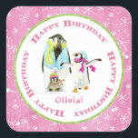 Cute Penguins Winter Watercolor Birthday Party Square Sticker<br><div class="desc">These cute stickers or seals are perfect for a little girl's winter birthday party theme. In bright cheerful colours, this penguin family is dressed for the celebration! The artwork was hand painted in watercolor by artist, Audrey Jeanne Roberts. Her characters are whimsical, cute and so sweet! Your little girl's name...</div>