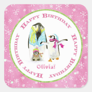 Cute Penguins Winter Watercolor Birthday Party Square Sticker