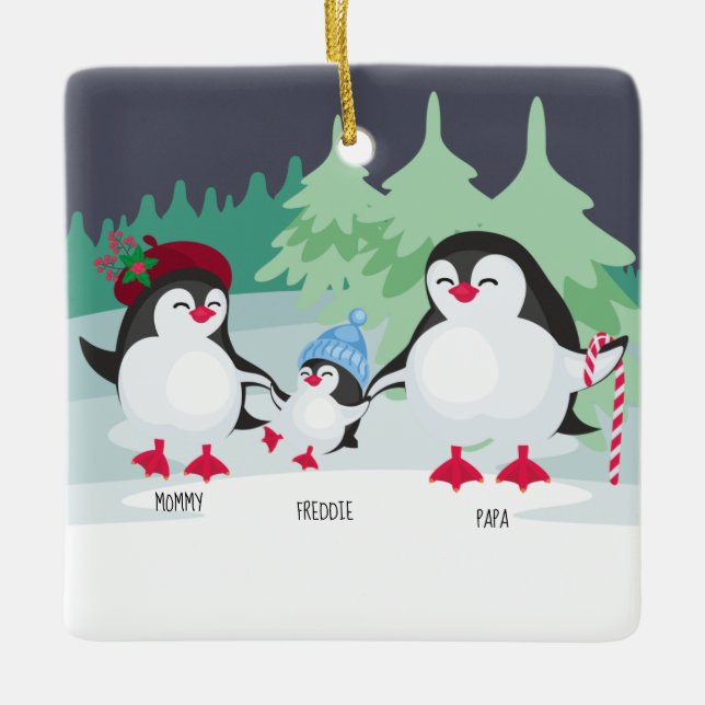 Cute Penguins with Names for Family of 3 Ceramic Ornament (Front)