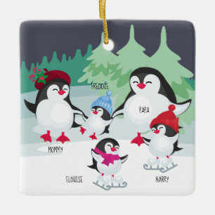 Cute Penguins with Names for Family of 5 Ceramic Ornament