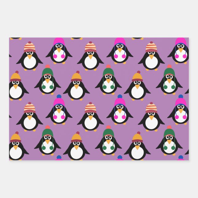 Cute penguins with winter hats wrapping paper sheet (Front)