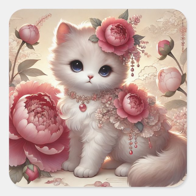 Cute Peony Princess Cat Square Sticker (Front)