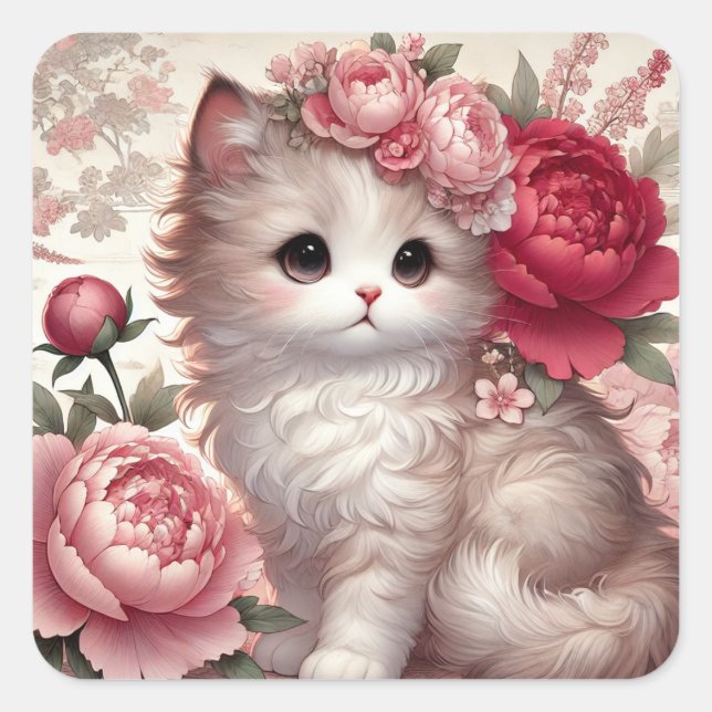 Cute Peony Princess Cat Square Sticker (Front)