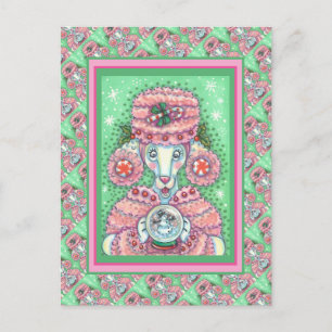 CUTE PEPPERMINT PINK POODLE AND SNOWGLOBE SNOWMAN POSTCARD