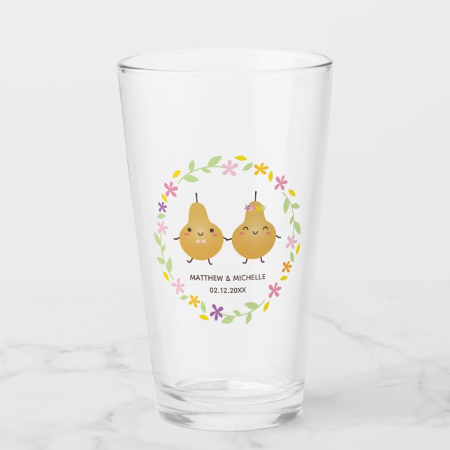 Cute Perfect Pear Married Couple Newlyweds Wedding Glass (Front)