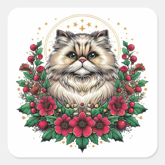 Cute Persian Cat, Floral Persian Kitty Square Sticker (Front)