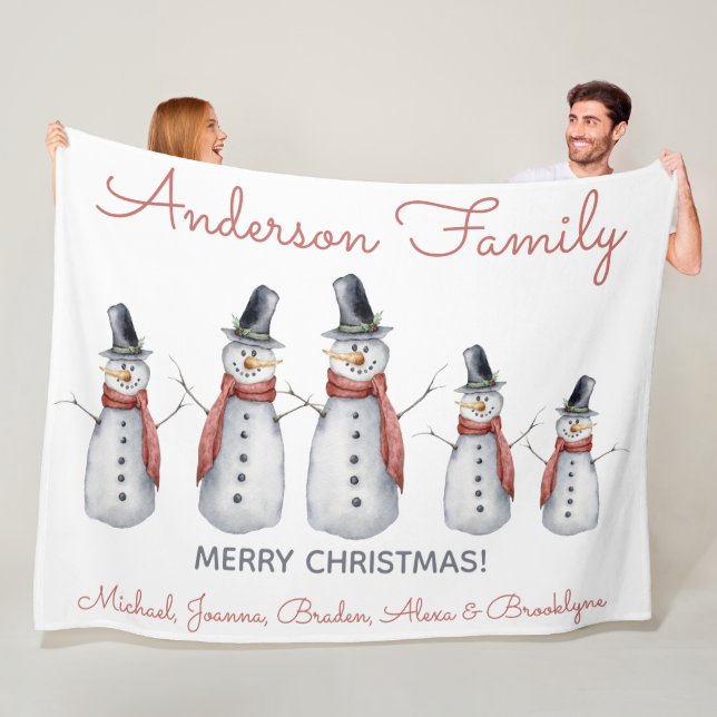 Cute Personal Family Name Snowman Merry Christmas Fleece Blanket (In Situ)
