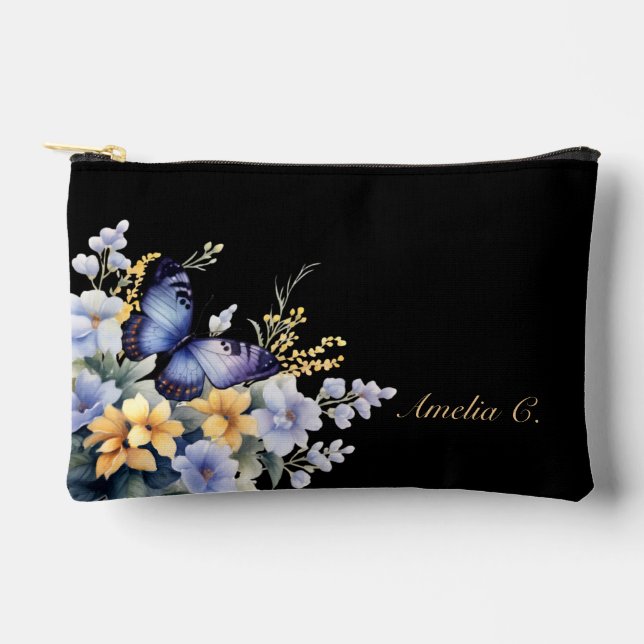 Cute Personalise Butterfly & Wildflowers Accessory Pouch (Front)