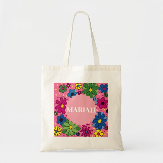 Cute Personalise Floral on Bright Pink Bag (Front)