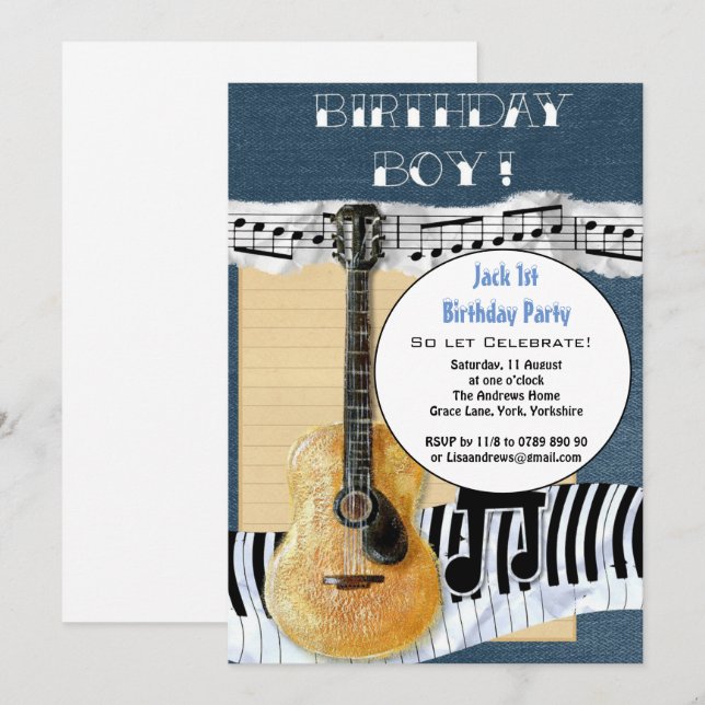 Cute Personalised 1st Birthday Boy Party Guitar Invitation (Front/Back)