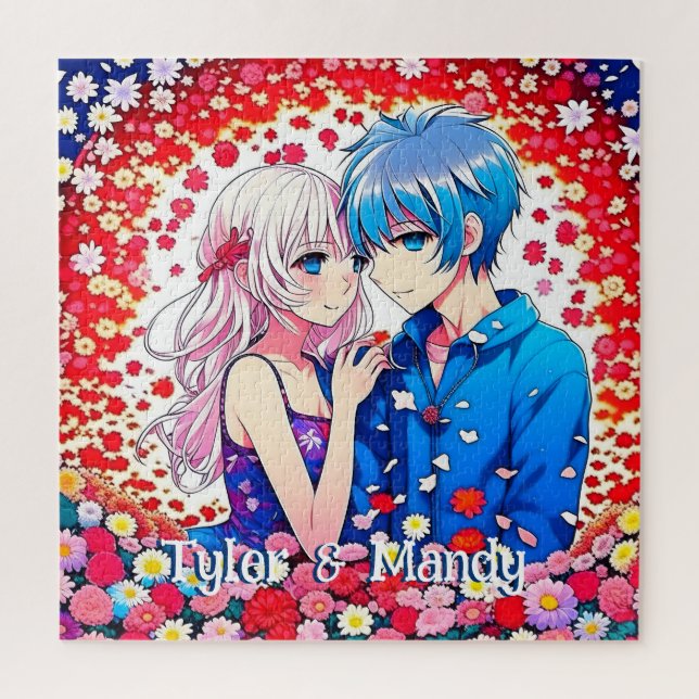 Cute Personalised Anime Couple's Names Jigsaw Puzzle (Vertical)