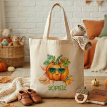 Cute Personalised Autumn Pumpkin Kids Tote Bag