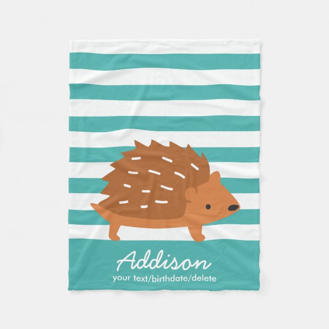 Cute Personalised Baby Hedgehog Animal Striped Fleece Blanket (Front)