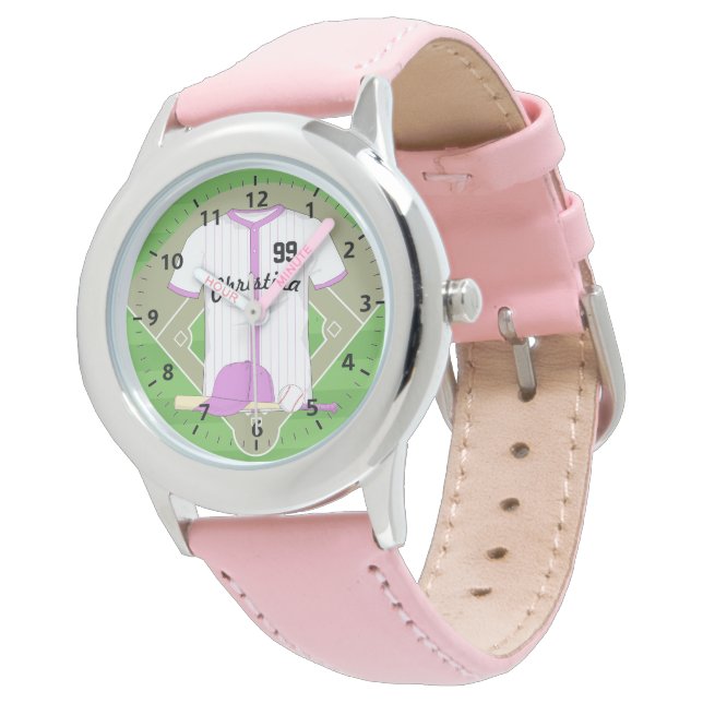 Cute Personalised Baseball pink Watch (Angled)