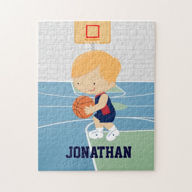 Cute Personalised Basketball Player blonde navy Jigsaw Puzzle (Vertical)