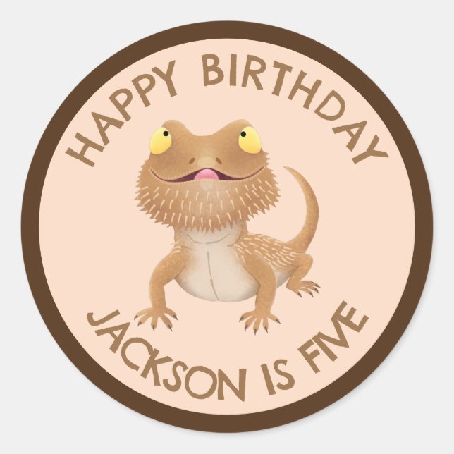 Cute personalised bearded dragon lizard birthday classic round sticker (Front)