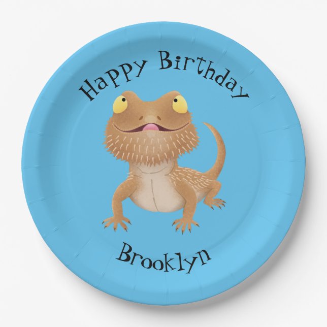 Cute personalised bearded dragon lizard birthday paper plate (Front)