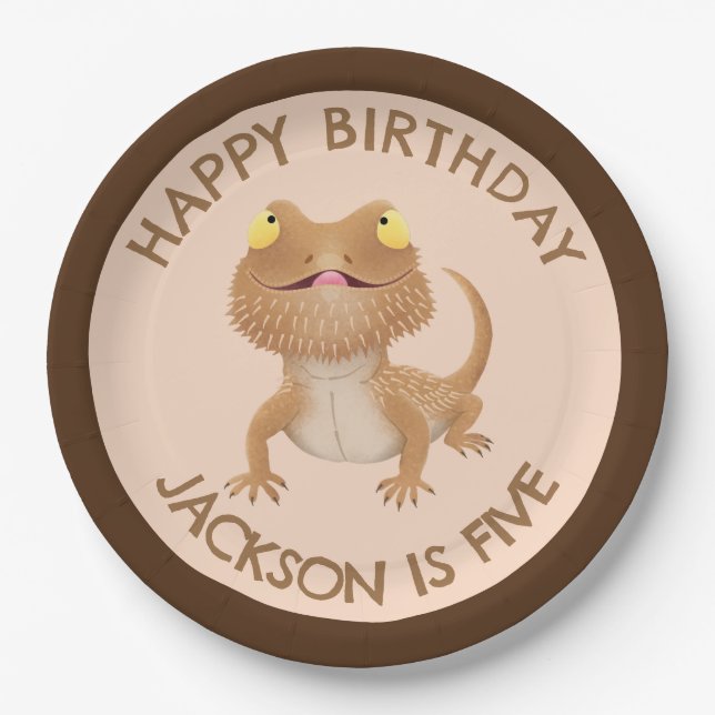 Cute personalised bearded dragon lizard birthday paper plate (Front)