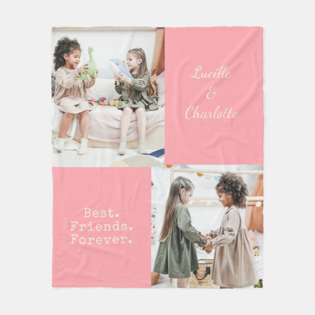 Cute Personalised BFF Two Photo Pink Best Friend Fleece Blanket (Front)