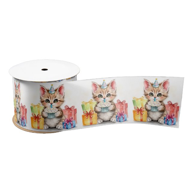 Cute Personalised Birthday Cats Satin Ribbon (Spool)