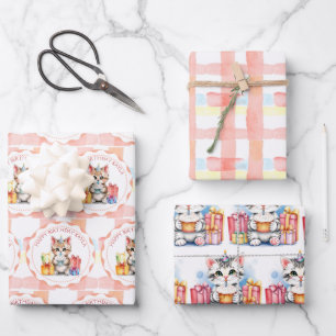 Cute Personalised Birthday Cats Wrapping Paper Sheet