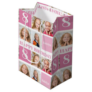 Cute Personalised Birthday Girl Photo Collage Pink Medium Gift Bag