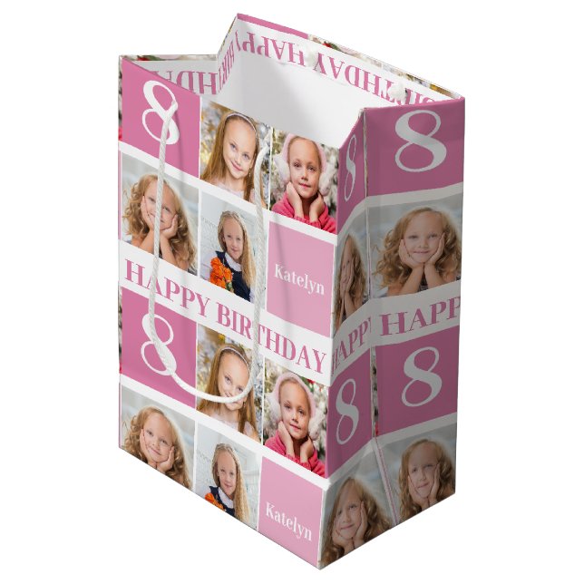 Cute Personalised Birthday Girl Photo Collage Pink Medium Gift Bag (Front Angled)