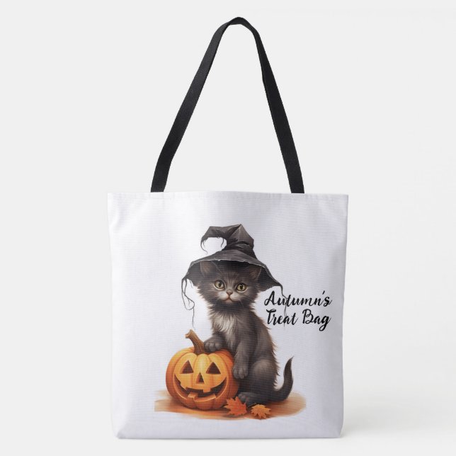 Cute Personalised Black Cat and Pumpkin Tote Bag (Front)