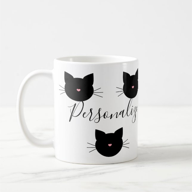 Cute Personalised Black Cat Name Coffee Mug (Left)
