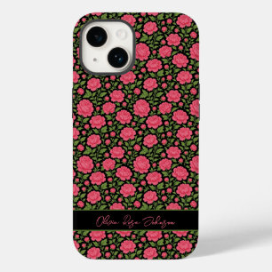 Cute Personalised Black Girly Floral Pink Peonies Case-Mate iPhone 14 Case